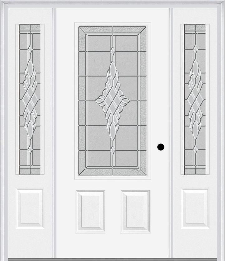 MMI 3/4 Lite 2 Panel 6'8" Fiberglass Smooth Grace Nickel Or Grace Patina Exterior Prehung Door With 2 Grace Nickel/Patina 3/4 Lite Decorative Glass Sidelights 607
